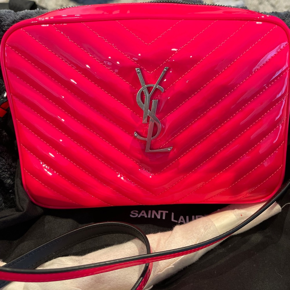 Neon Pink YSL Lou Patent Camera Bag